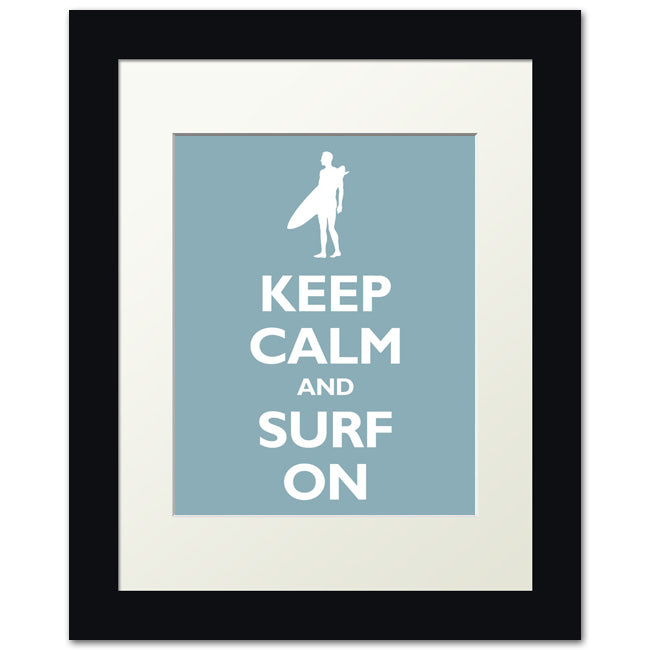 Keep Calm and Surf On, framed print (light blue)