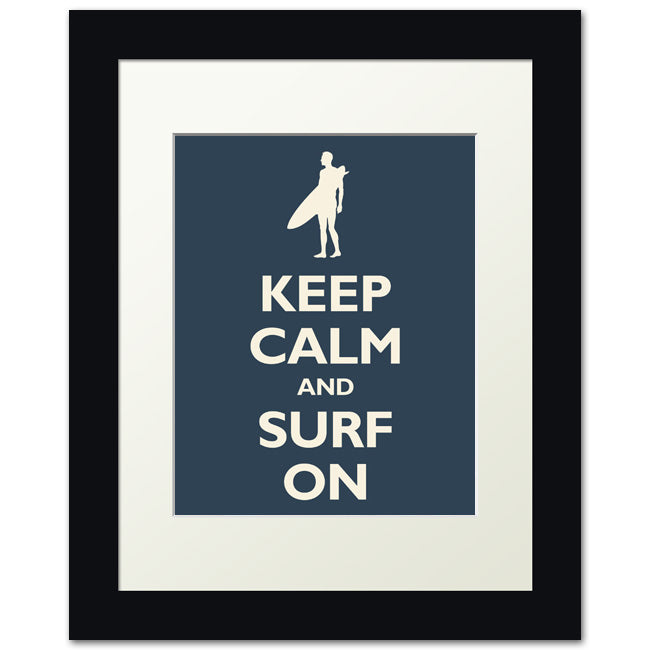 Keep Calm and Surf On, framed print (navy)