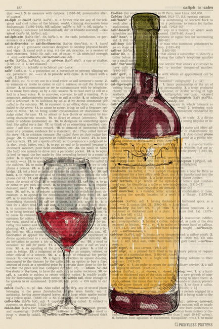 Wine Glass And Bottle Illustration (dictionary background) Poster