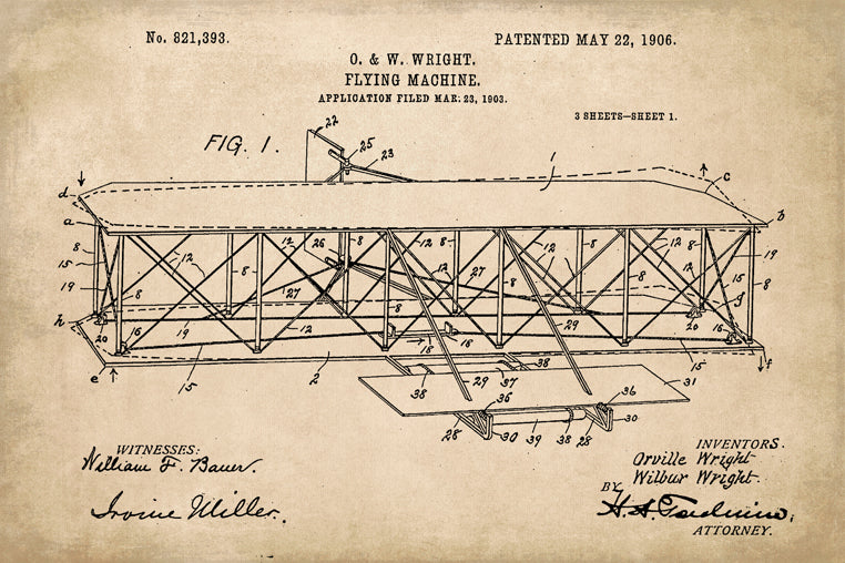 Wright Brothers Airplane Patent Art Poster Print