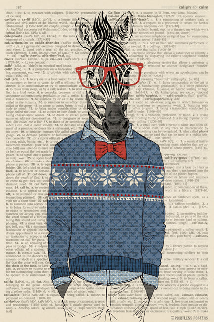 Zebra In A Winter Sweater Anthropomorphic Animal (dictionary background) Poster